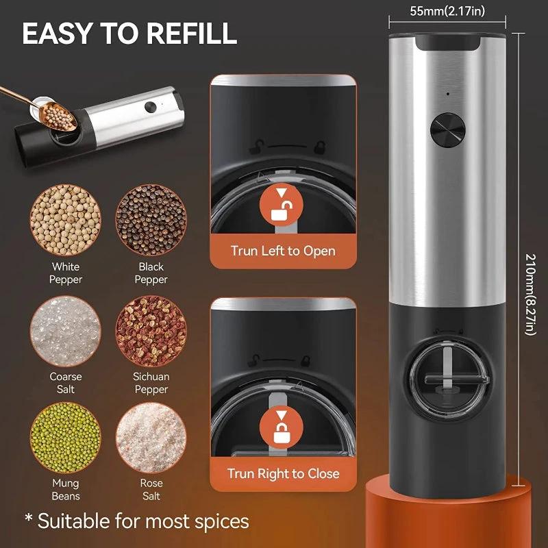 Electric Salt Pepper Grinder Set USB Rechargeable Automatic Spice Mill by Bowlift
