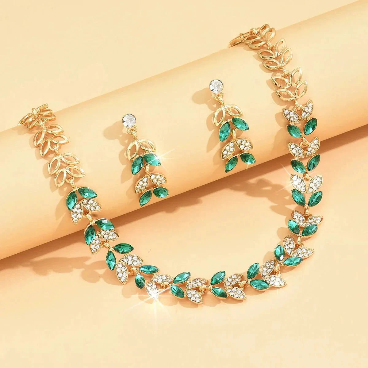 Emerald Leaf Diamond Necklace and Earring Set by BowLift