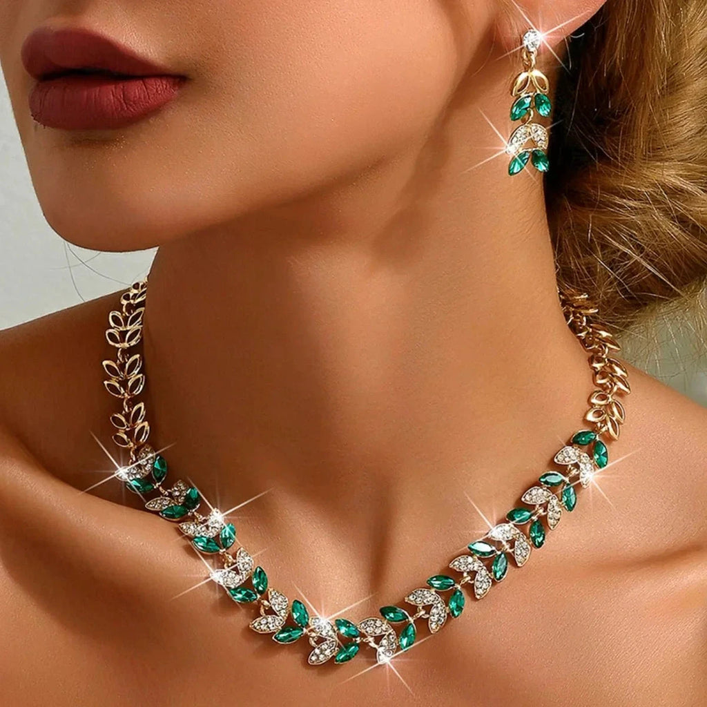 Emerald Leaf Diamond Necklace and Earring Set by BowLift
