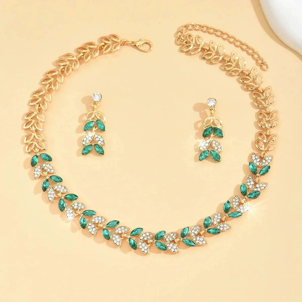 Emerald Leaf Diamond Necklace and Earring Set by BowLift