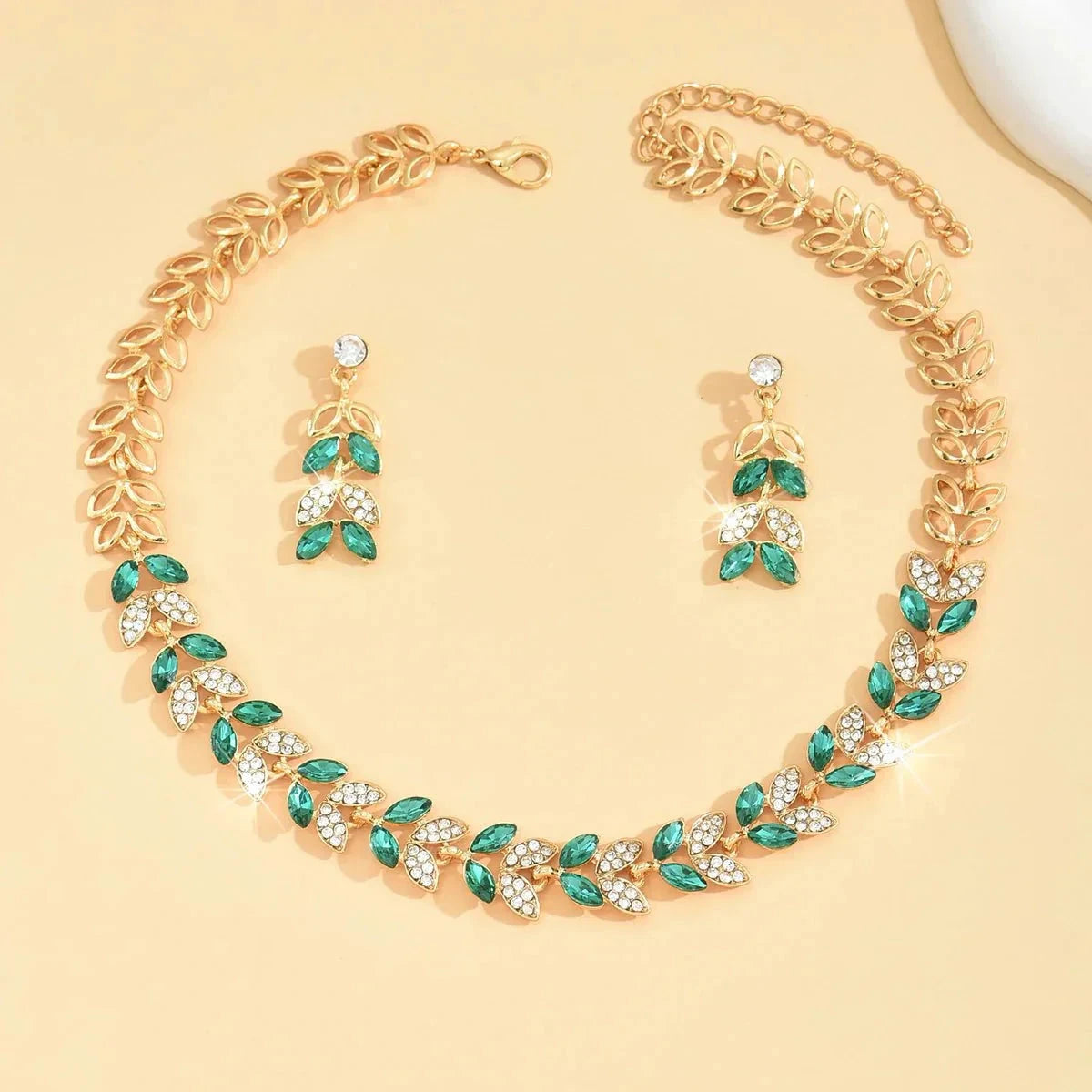Emerald Leaf Diamond Necklace and Earring Set by BowLift