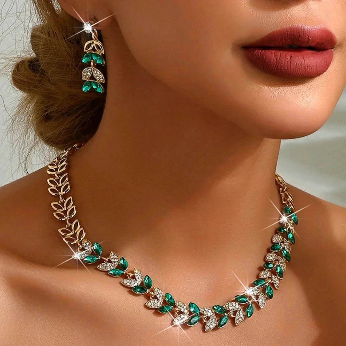 Emerald Leaf Diamond Necklace and Earring Set by BowLift