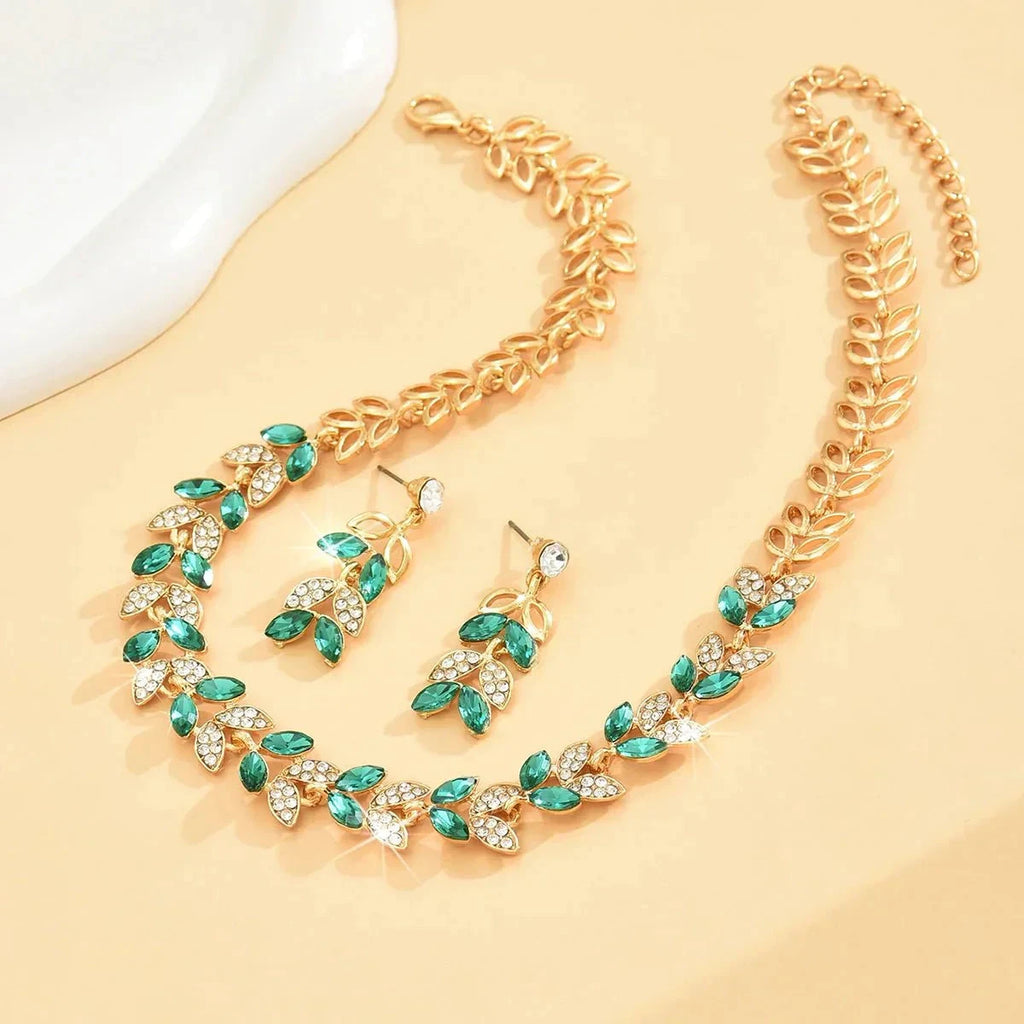 Emerald Leaf Diamond Necklace and Earring Set by BowLift