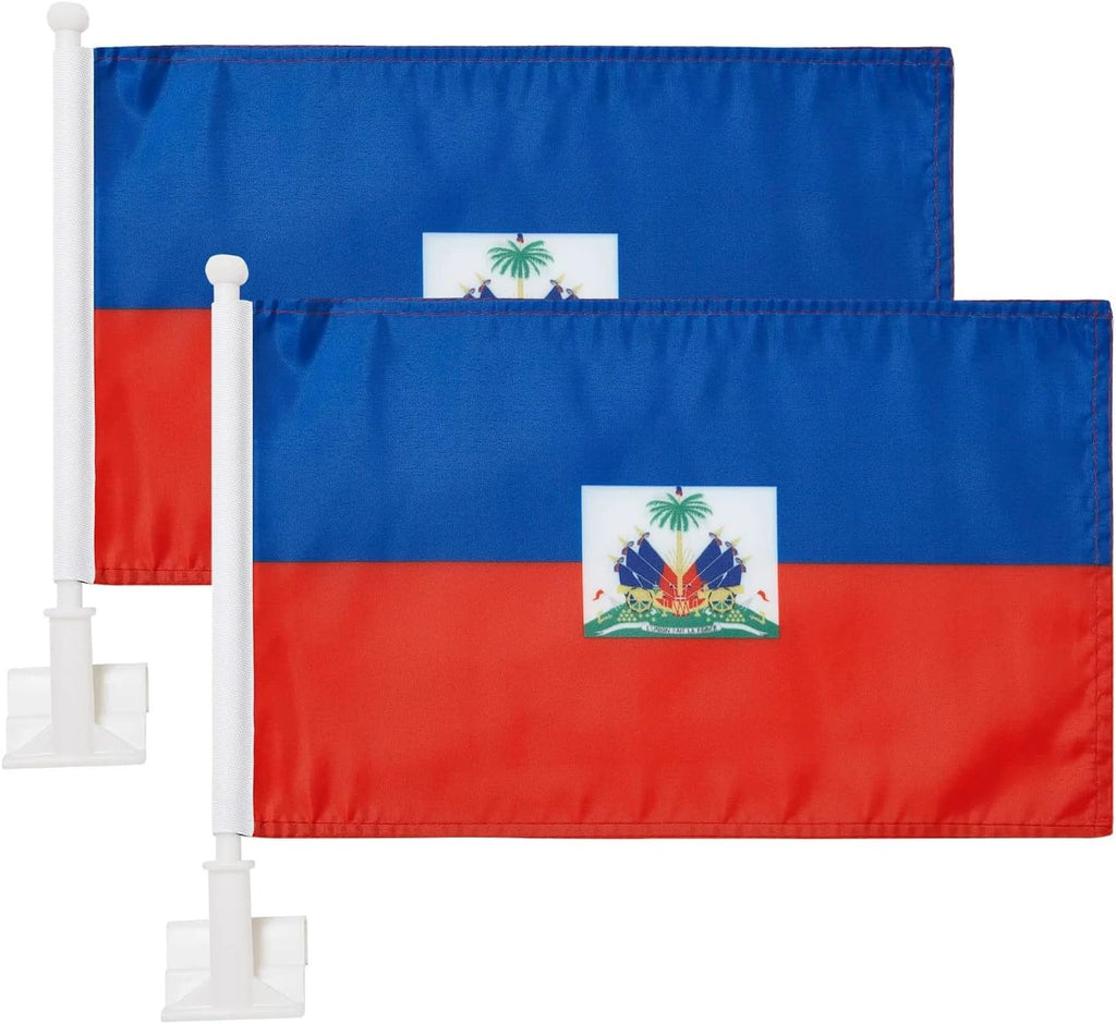 Haitian flag Car Window Flag of Haiti 11X18 Inch(28x46cm) 100% Polyester, Strong White Flagpole by flagsshop