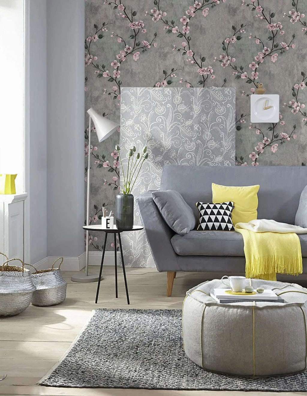 Floral Wallpaper Grey Peel and Stick Flower Self Adhesive Wall Paper by Bowlift