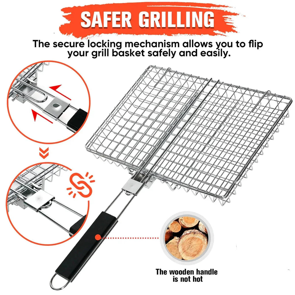 Folding Grill Basket with Wooden Handle Outdoor Camping BBQ Rack by Bowlift