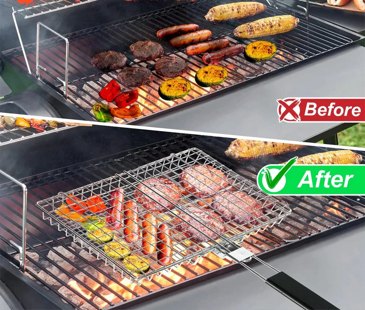 Folding Grill Basket with Wooden Handle Outdoor Camping BBQ Rack by Bowlift