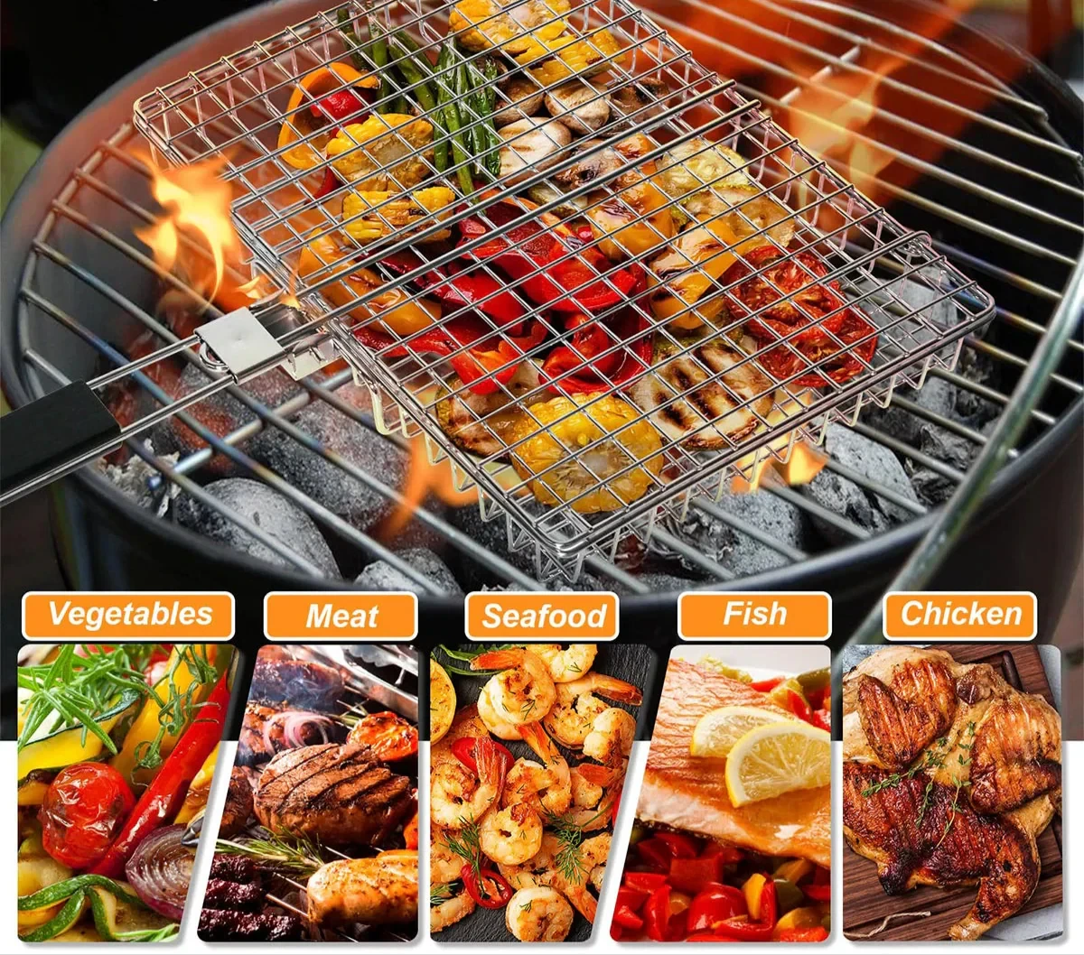 Folding Grill Basket with Wooden Handle Outdoor Camping BBQ Rack by Bowlift