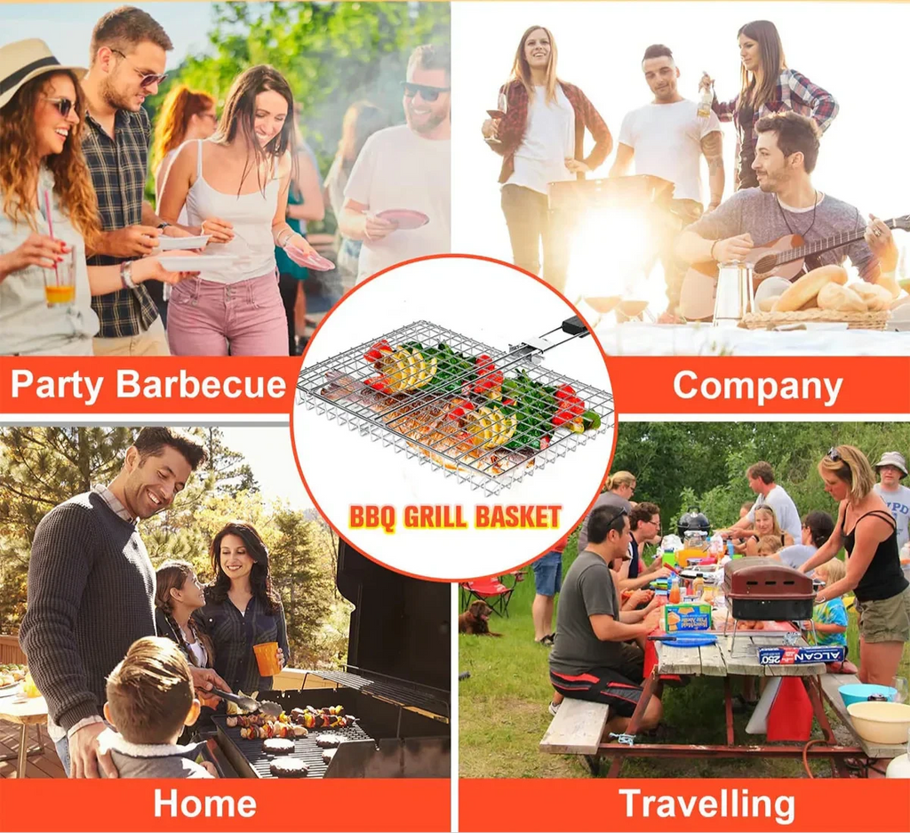 Folding Grill Basket with Wooden Handle Outdoor Camping BBQ Rack by Bowlift