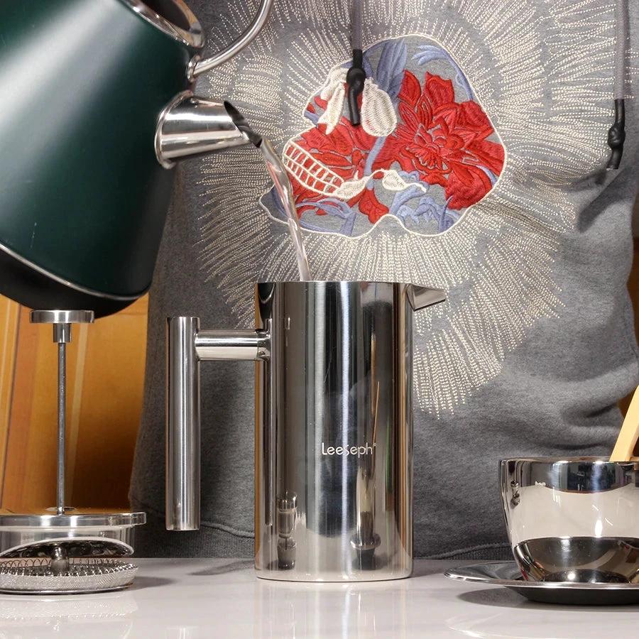 French Press Coffee Maker Double Wall Stainless Steel with Clip/Spoon by Bowlift