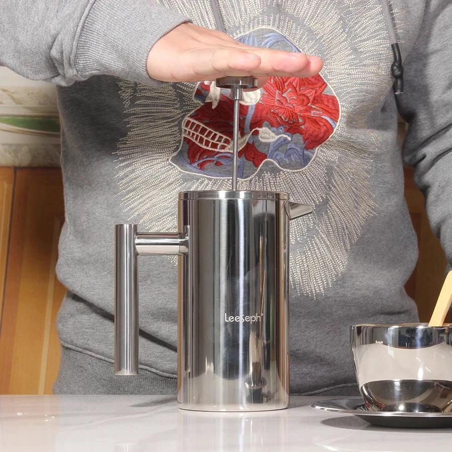 French Press Coffee Maker Double Wall Stainless Steel with Clip/Spoon by Bowlift