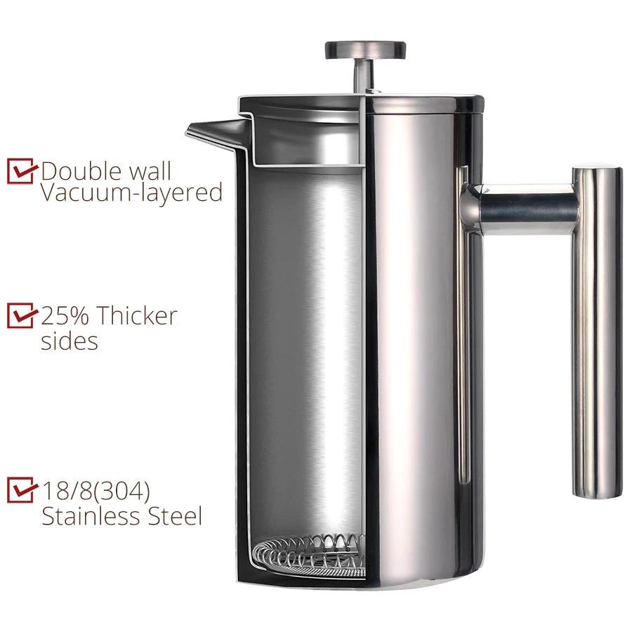 French Press Coffee Maker Double Wall Stainless Steel with Clip/Spoon by Bowlift