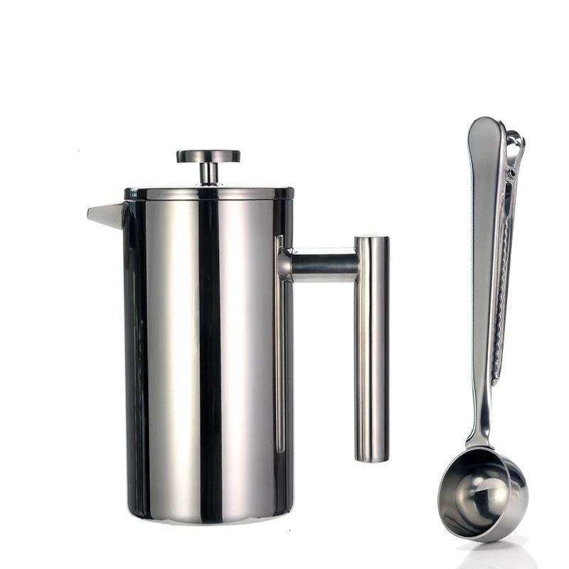 French Press Coffee Maker Double Wall Stainless Steel with Clip/Spoon by Bowlift
