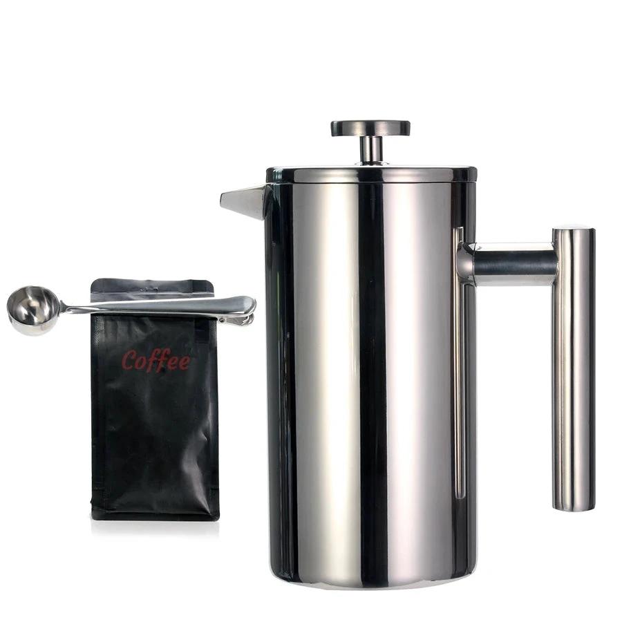 French Press Coffee Maker Double Wall Stainless Steel with Clip/Spoon by Bowlift