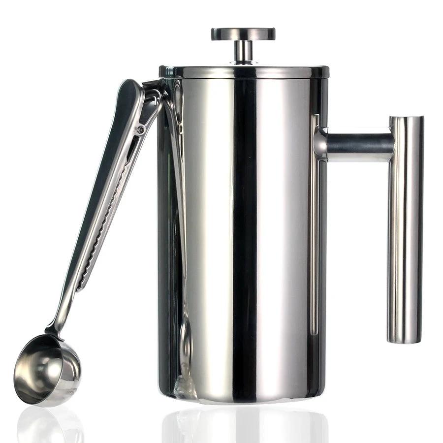 French Press Coffee Maker Double Wall Stainless Steel with Clip/Spoon by Bowlift