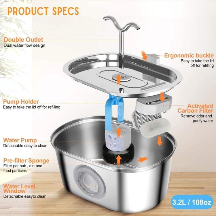 Cat Water Fountain made of Stainless Steel – Quiet, Hygienic and BPA-free – 2L Capacity by BowLift