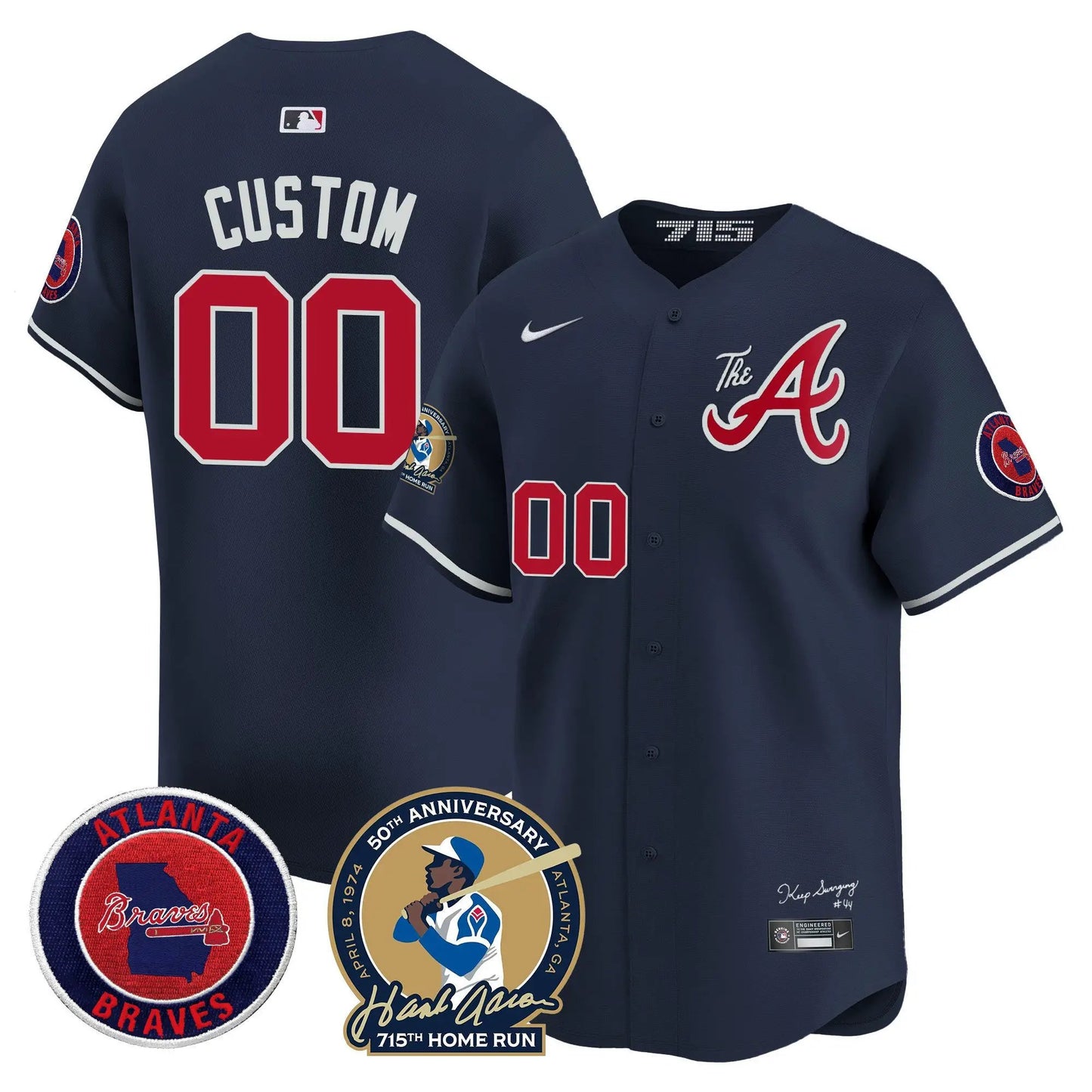 ATL Hank Aaron 715th Home Run Patch Vapor Premier Limited Custom Jersey V2 - Stitched by Atlanta Braves