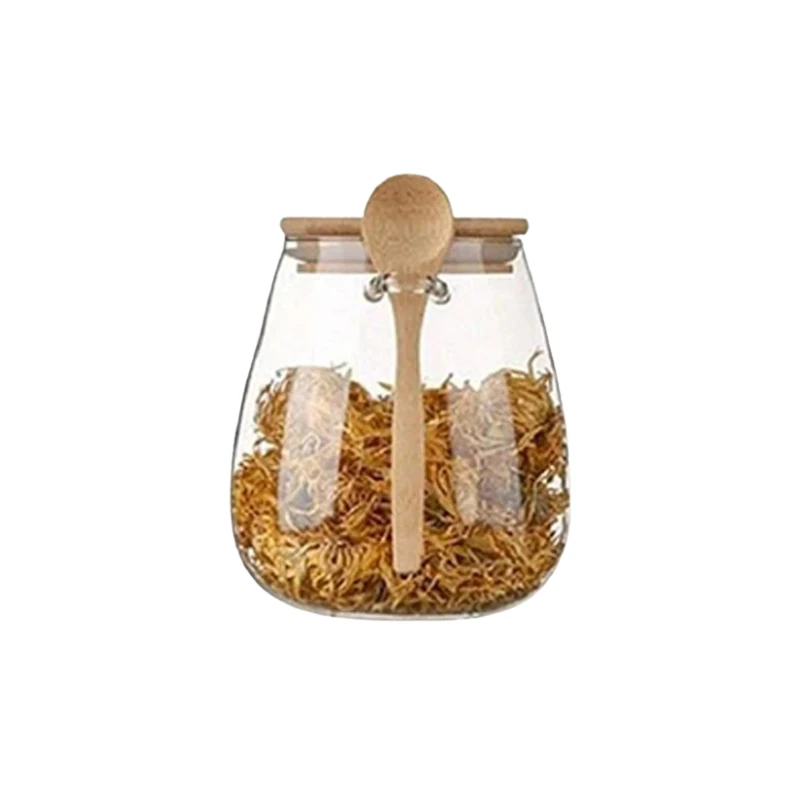 Glass Food Storage Jar with Airtight Wooden Lid and Spoon Container by Bowlift