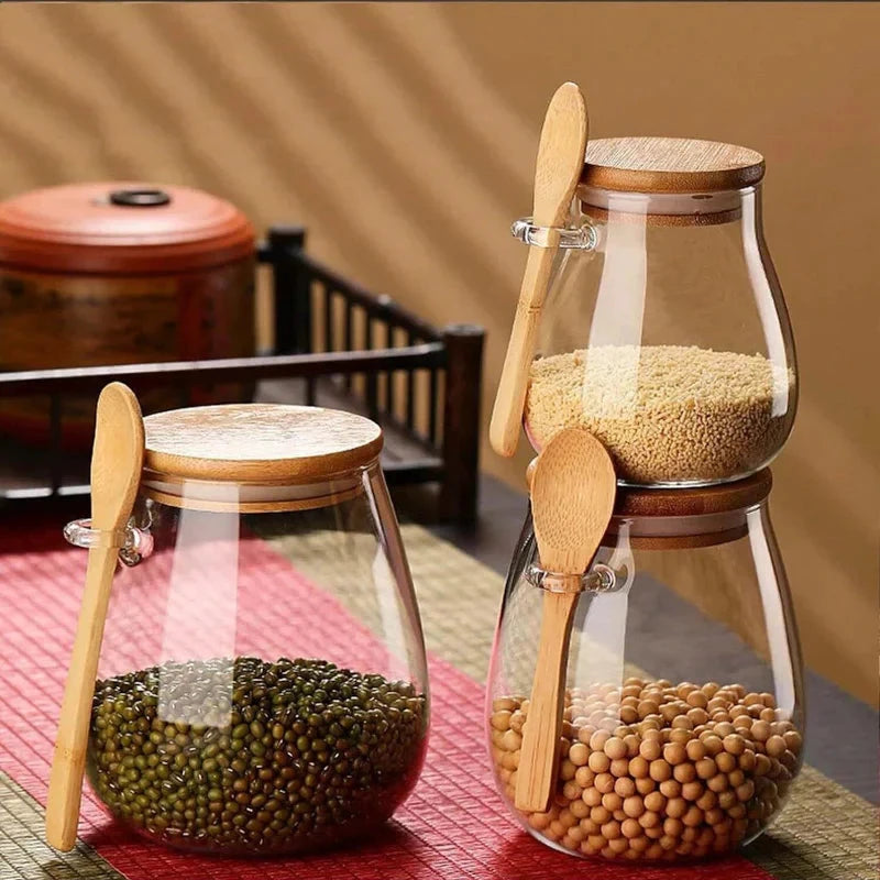 Glass Food Storage Jar with Airtight Wooden Lid and Spoon Container by Bowlift