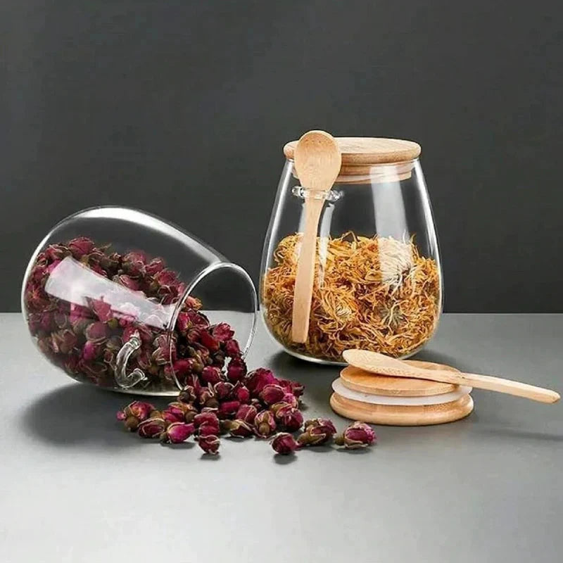 Glass Food Storage Jar with Airtight Wooden Lid and Spoon Container by Bowlift