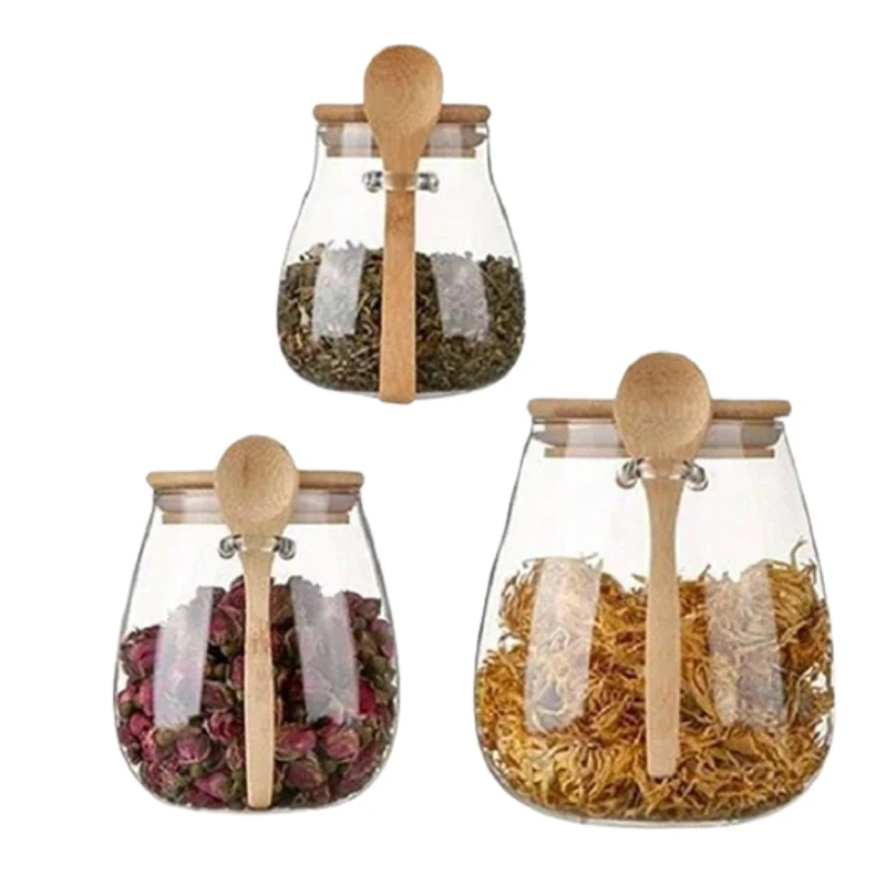 Glass Food Storage Jar with Airtight Wooden Lid and Spoon Container by Bowlift