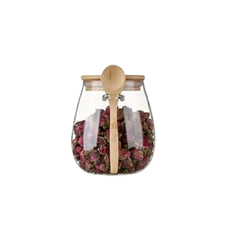 Glass Food Storage Jar with Airtight Wooden Lid and Spoon Container by Bowlift