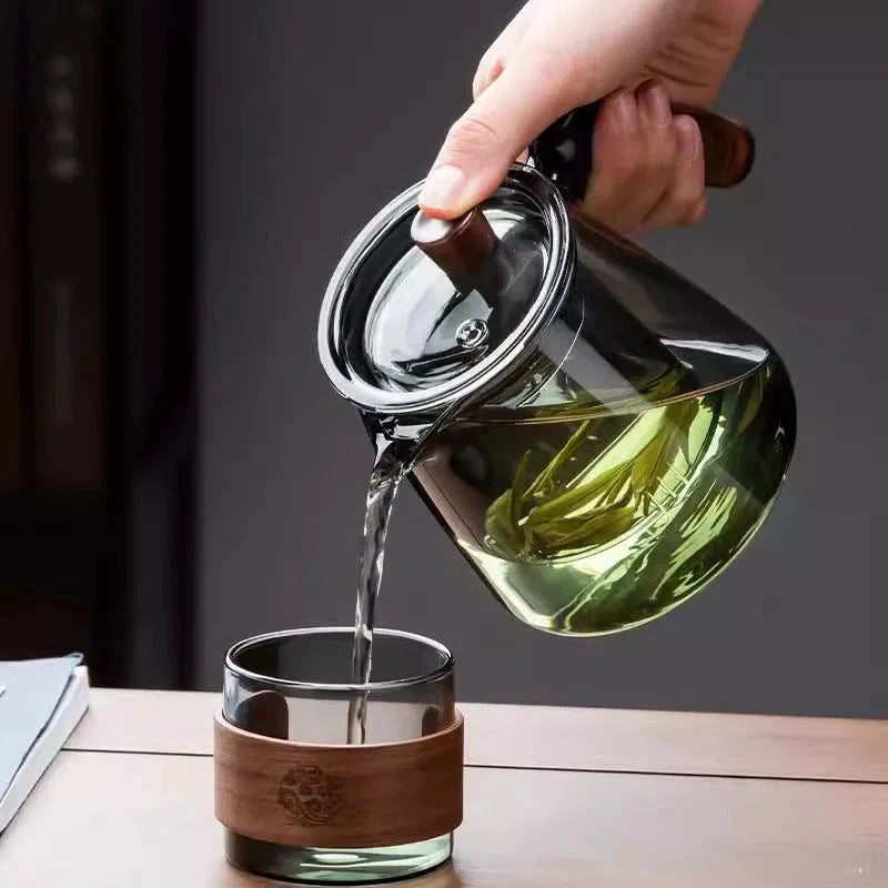 Glass Tea Kettle with Infuser Heat Resistant Teapot with Wooden Handle by Bowlift