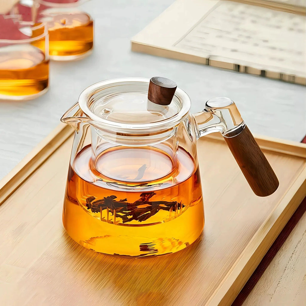 Glass Tea Kettle with Infuser Heat Resistant Teapot with Wooden Handle by Bowlift