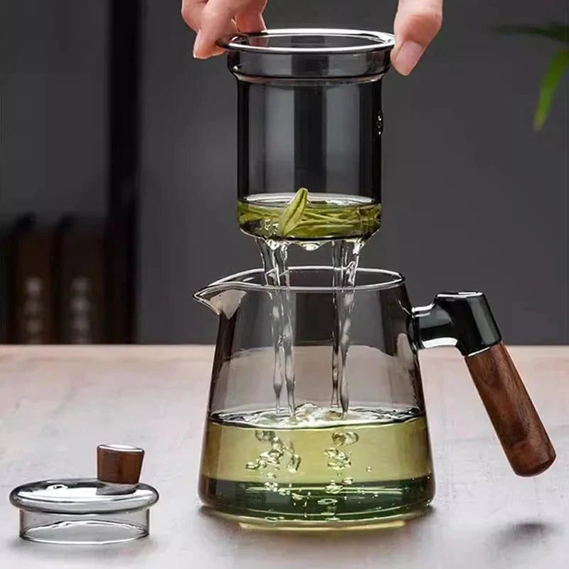 Glass Tea Kettle with Infuser Heat Resistant Teapot with Wooden Handle by Bowlift