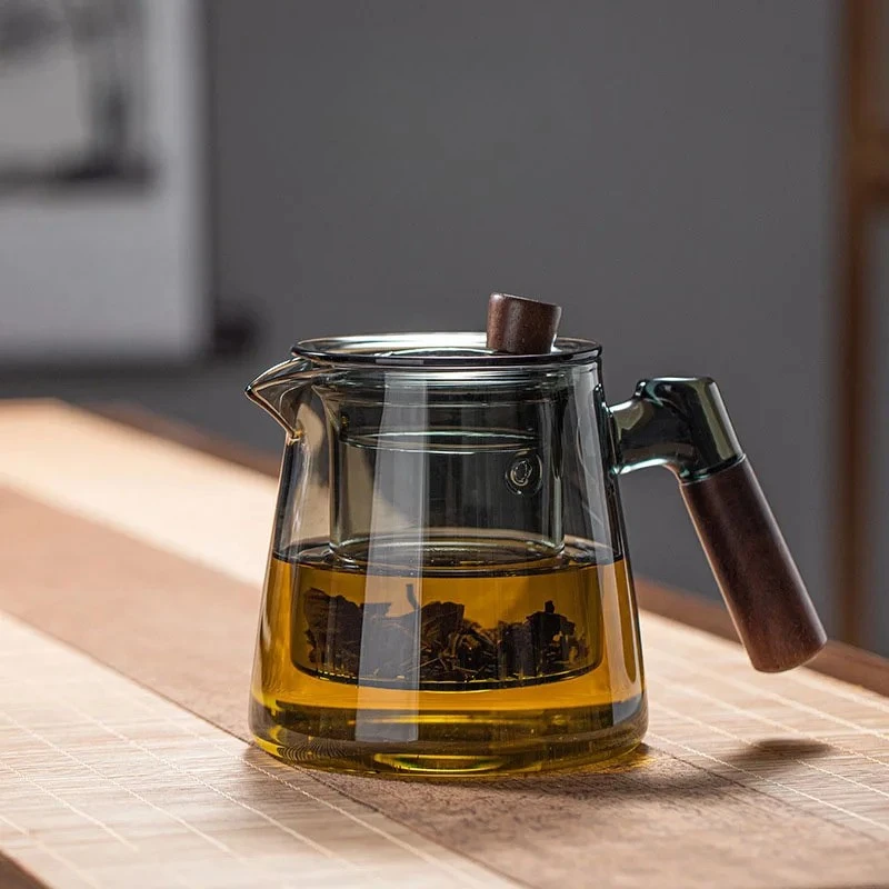 Glass Tea Kettle with Infuser Heat Resistant Teapot with Wooden Handle by Bowlift