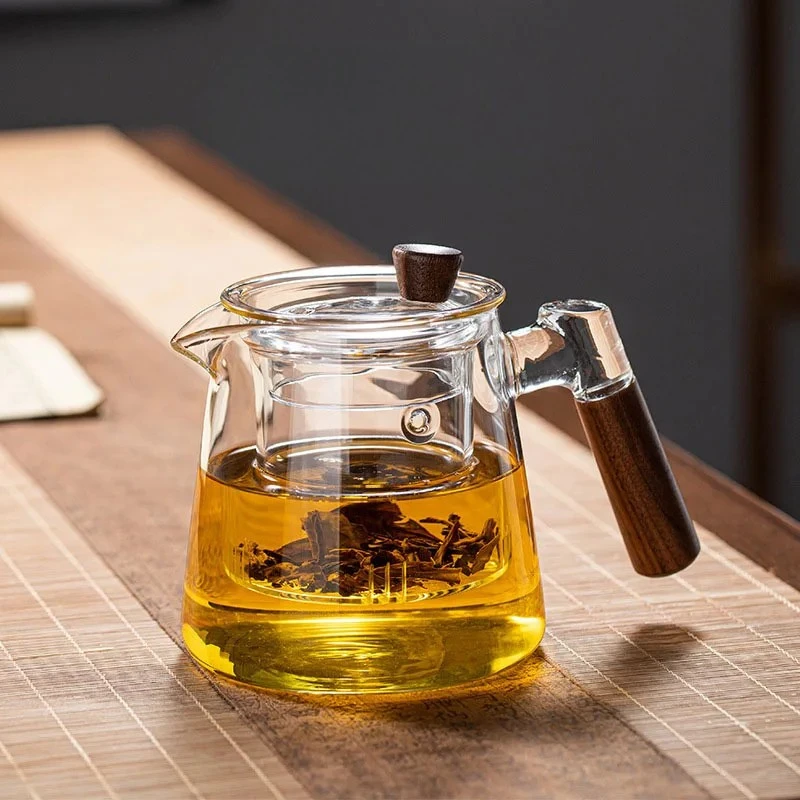 Glass Tea Kettle with Infuser Heat Resistant Teapot with Wooden Handle by Bowlift