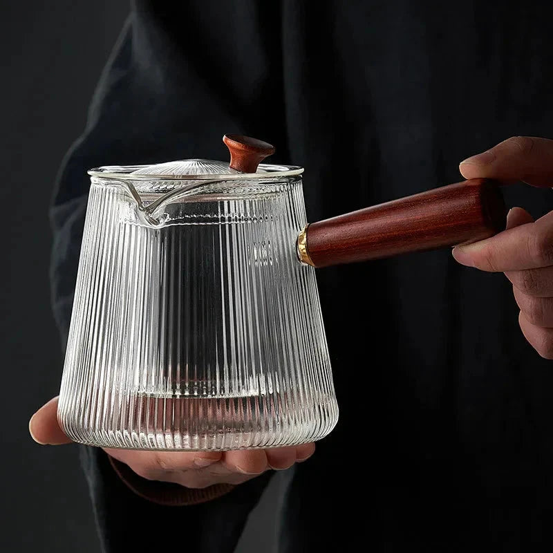 Glass Teapot with Removable Clear Infuser Sandal Wood Handle Glass Kettle by Bowlift