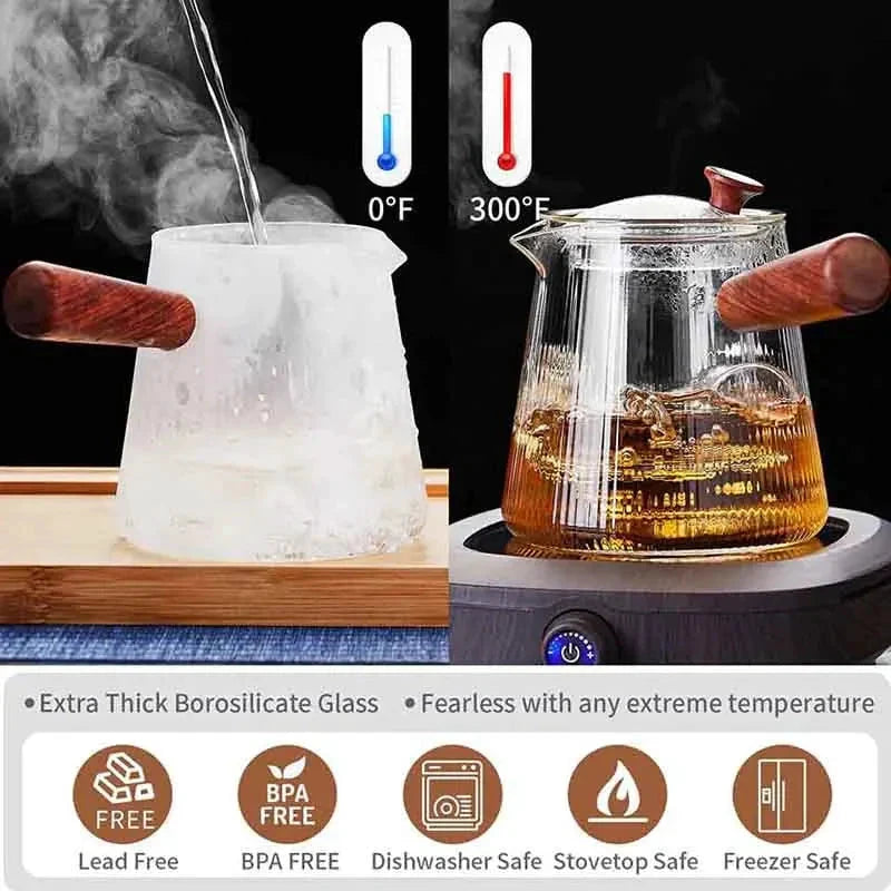 Glass Teapot with Removable Clear Infuser Sandal Wood Handle Glass Kettle by Bowlift