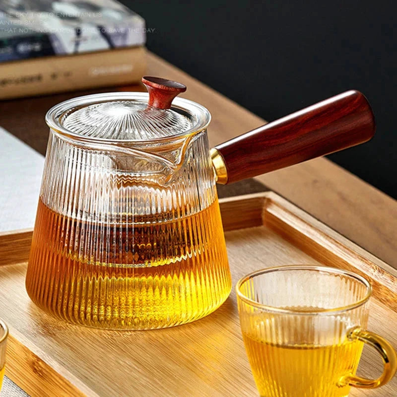 Glass Teapot with Removable Clear Infuser Sandal Wood Handle Glass Kettle by Bowlift