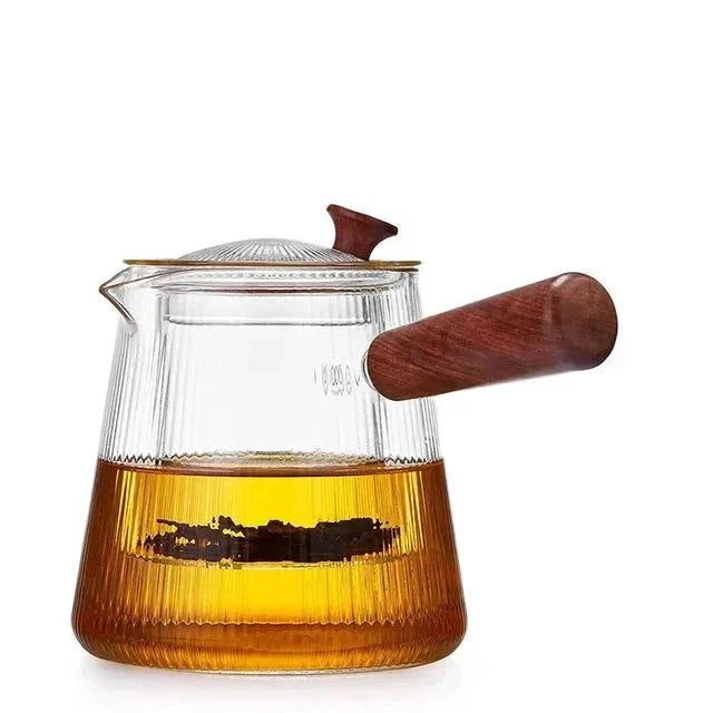 Glass Teapot with Removable Clear Infuser Sandal Wood Handle Glass Kettle by Bowlift