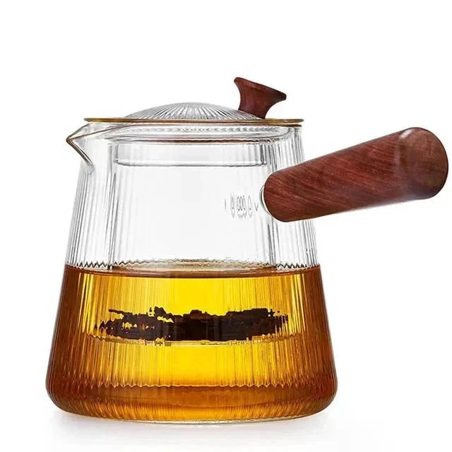 Glass Teapot with Removable Clear Infuser Sandal Wood Handle Glass Kettle by Bowlift