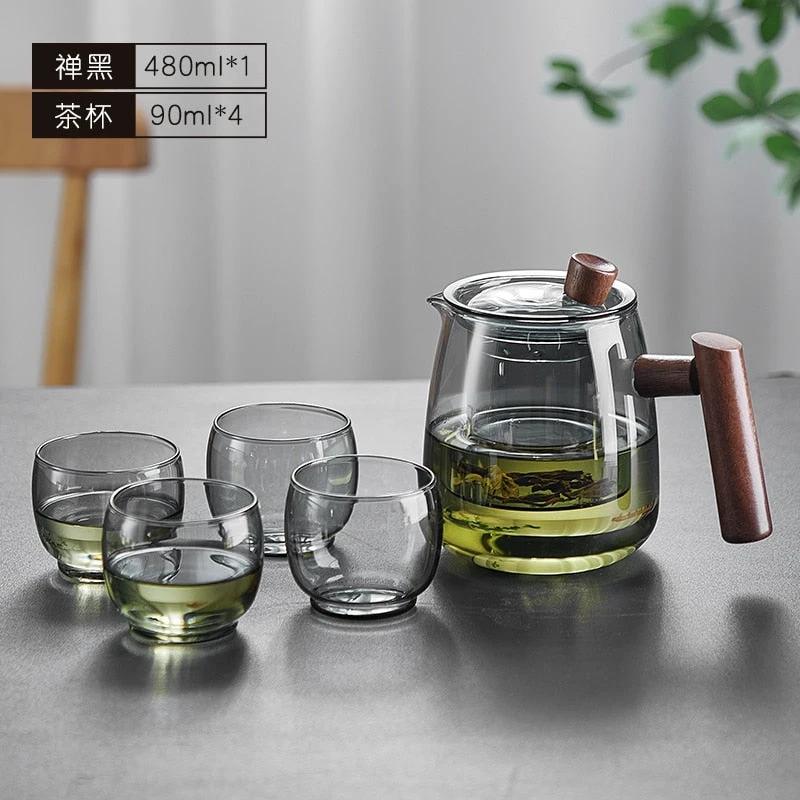 Glass Teapot Wood Handle Tea Ceremony Transparent Set Cup by Bowlift