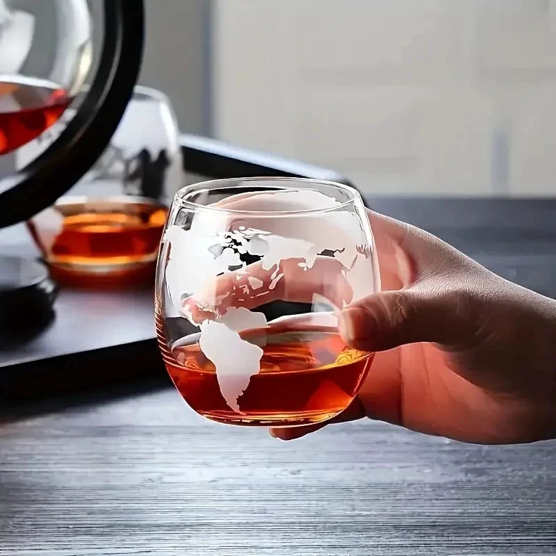 Glass Whiskey Decanter Set with Wooden Stand Etched World Ball Design by Bowlift