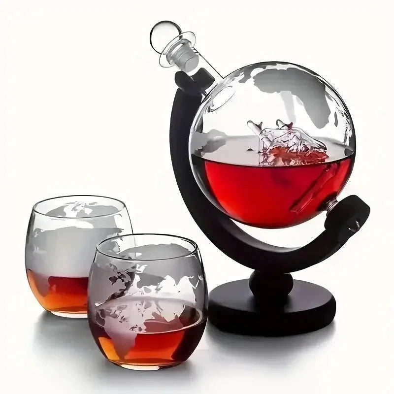 Glass Whiskey Decanter Set with Wooden Stand Etched World Ball Design by Bowlift