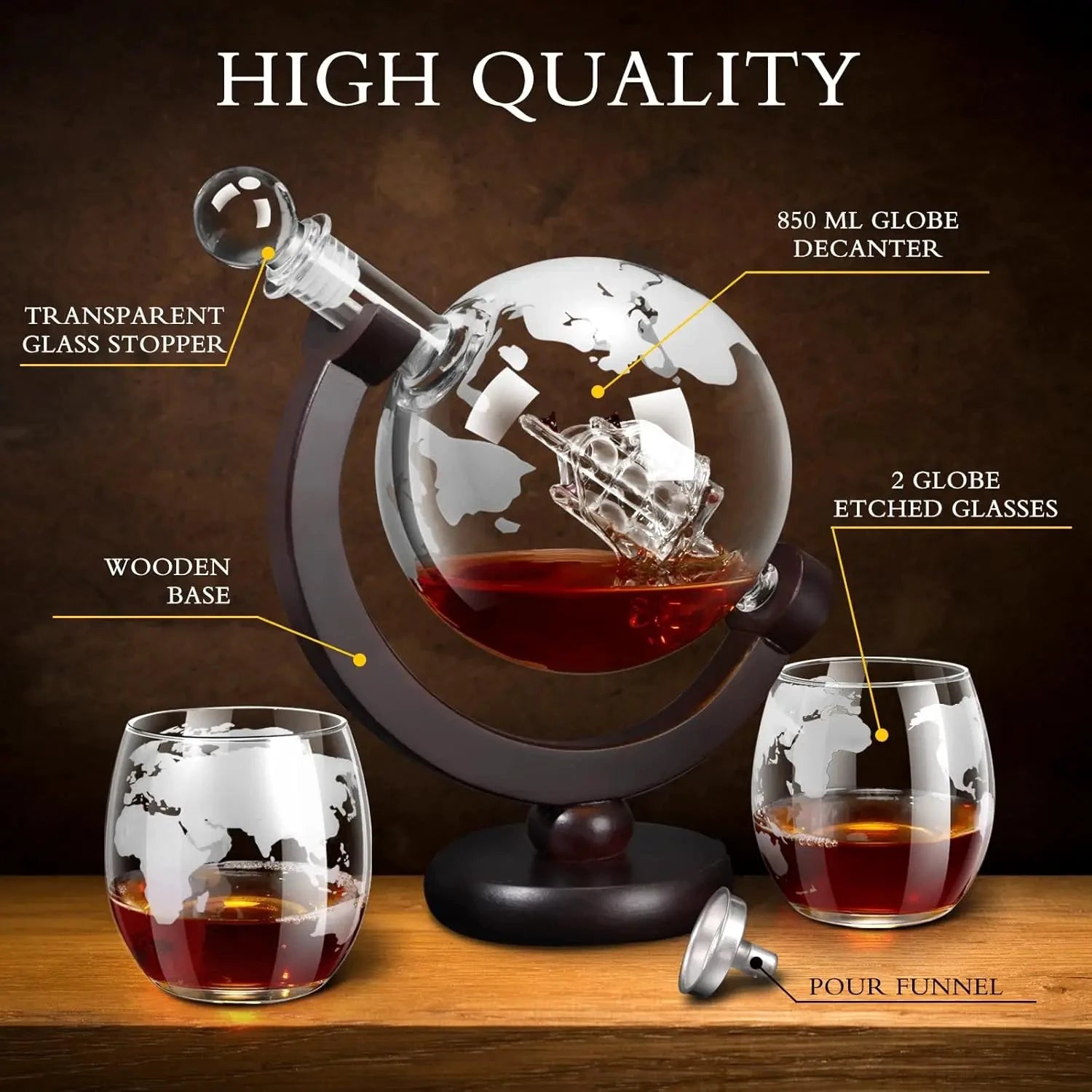 Glass Whiskey Decanter Set with Wooden Stand Etched World Ball Design by Bowlift
