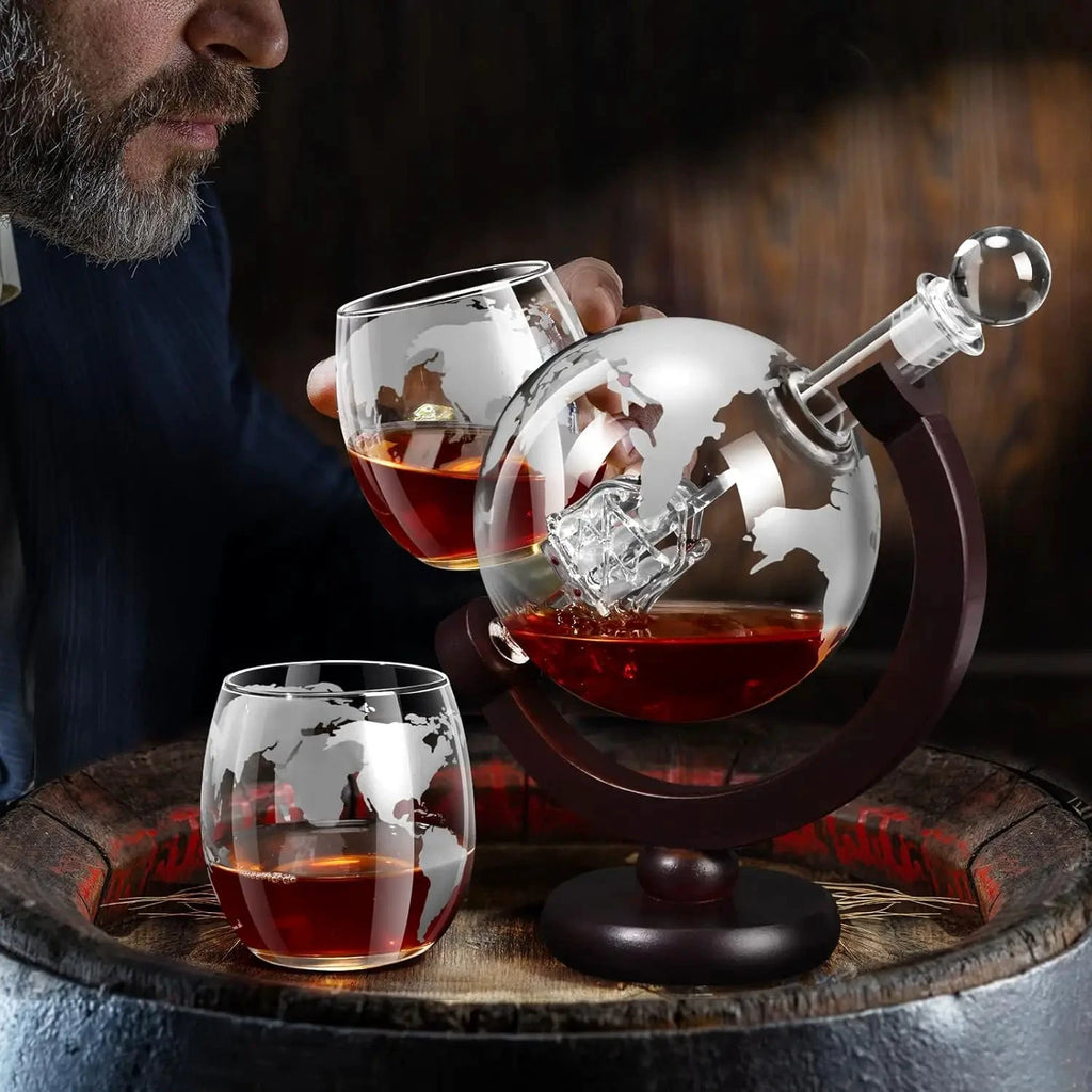 Glass Whiskey Decanter Set with Wooden Stand Etched World Ball Design by Bowlift