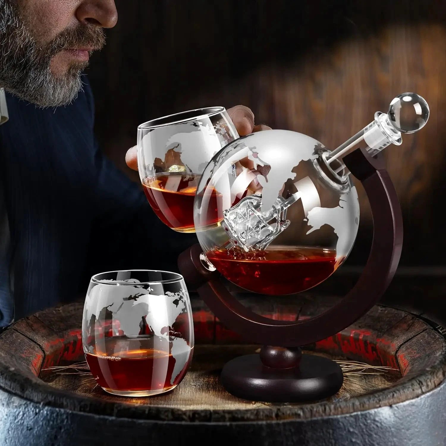 Glass Whiskey Decanter Set with Wooden Stand Etched World Ball Design by Bowlift