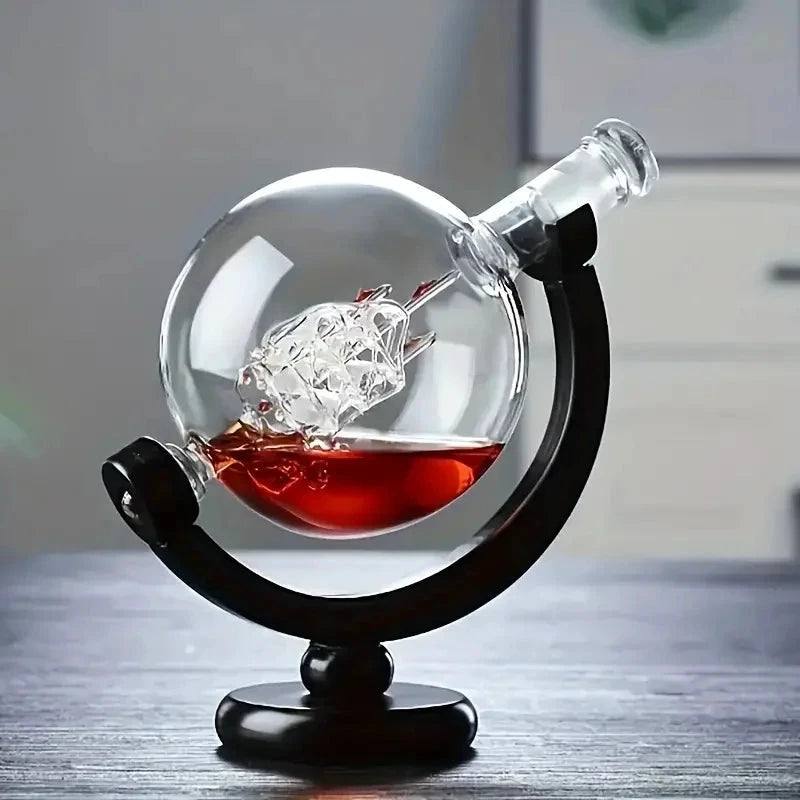 Glass Whiskey Decanter Set with Wooden Stand Etched World Ball Design by Bowlift