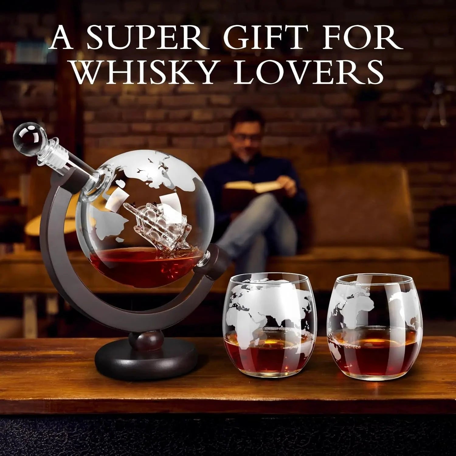 Glass Whiskey Decanter Set with Wooden Stand Etched World Ball Design by Bowlift