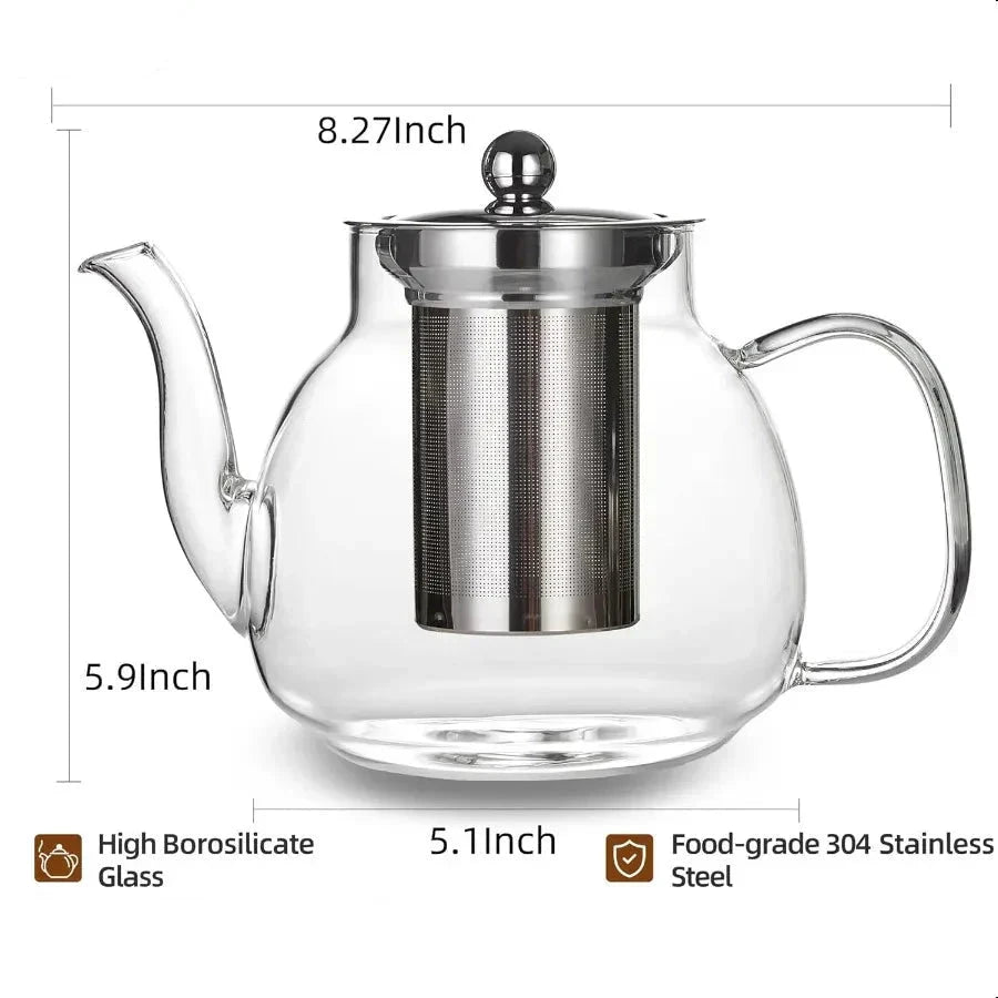 Heat Resistant Borosilicate Glass Tea Kettle Stainless Steel Infuser by Bowlift