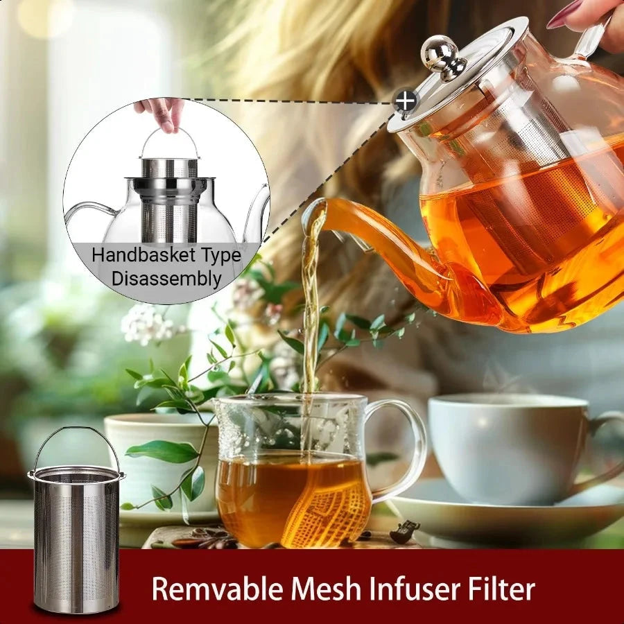 Heat Resistant Borosilicate Glass Tea Kettle Stainless Steel Infuser by Bowlift