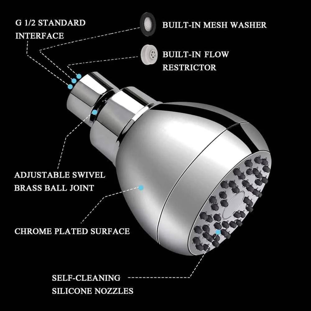 High Pressure Showerhead 3" Anti-Clog Anti-Leak Fixed with Adjustable Swivel Ball Joint Made of Brass by BowLift