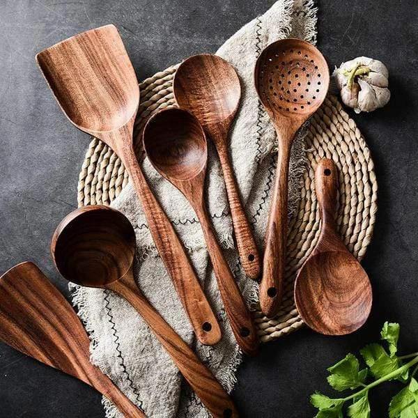 Handmade Teak Wooden Kitchen Utensils | 7 Sets by Casa & Beyond