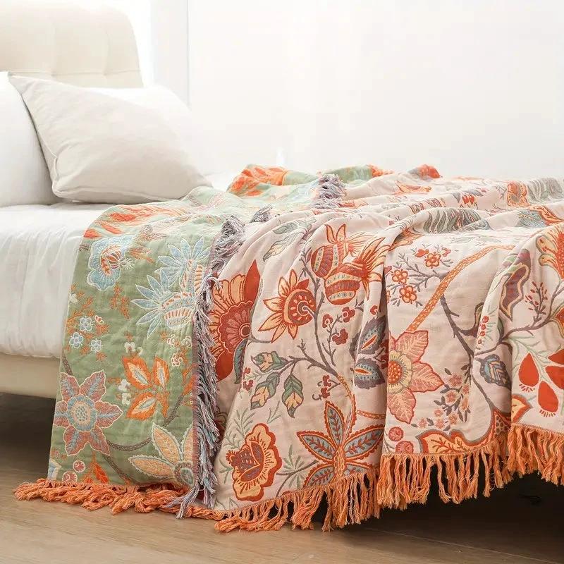 Rustic Floral Boho Blanket | 100% Cotton Floral Blanket by Casa & Beyond