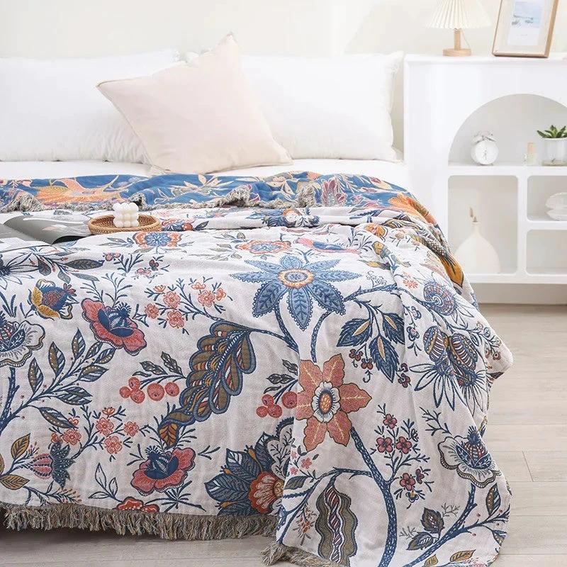 Rustic Artistic Flora Blanket | 100% Floral Cotton Blanket by Casa & Beyond